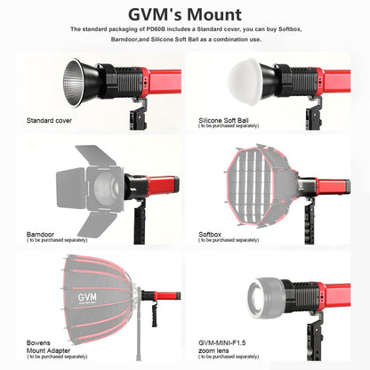 GVM PD60B Studio Lights with Bowen Mount Adapter, COB Photography Lighting with Fast Charger, Portable Video Light for Photographers Flashlight, Spotlight for APP Control, 2700-6800K, 49300LUX/0.5M