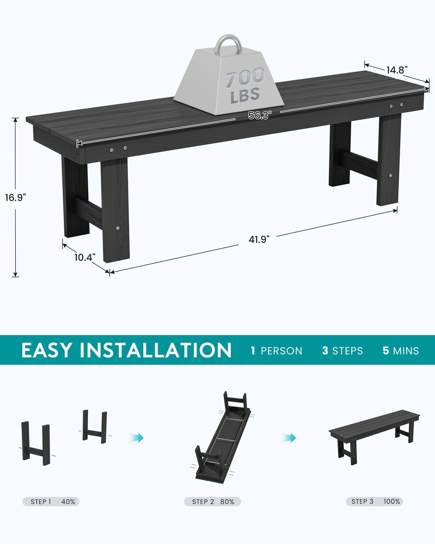 SERWALL 2-Person Outdoor Bench Backless, HDPE Outdoor Benches Weatherproof, 660 Lbs Weight Capacity, Poly Lumber Patio Furniture for Garden, Porch and Park, Black