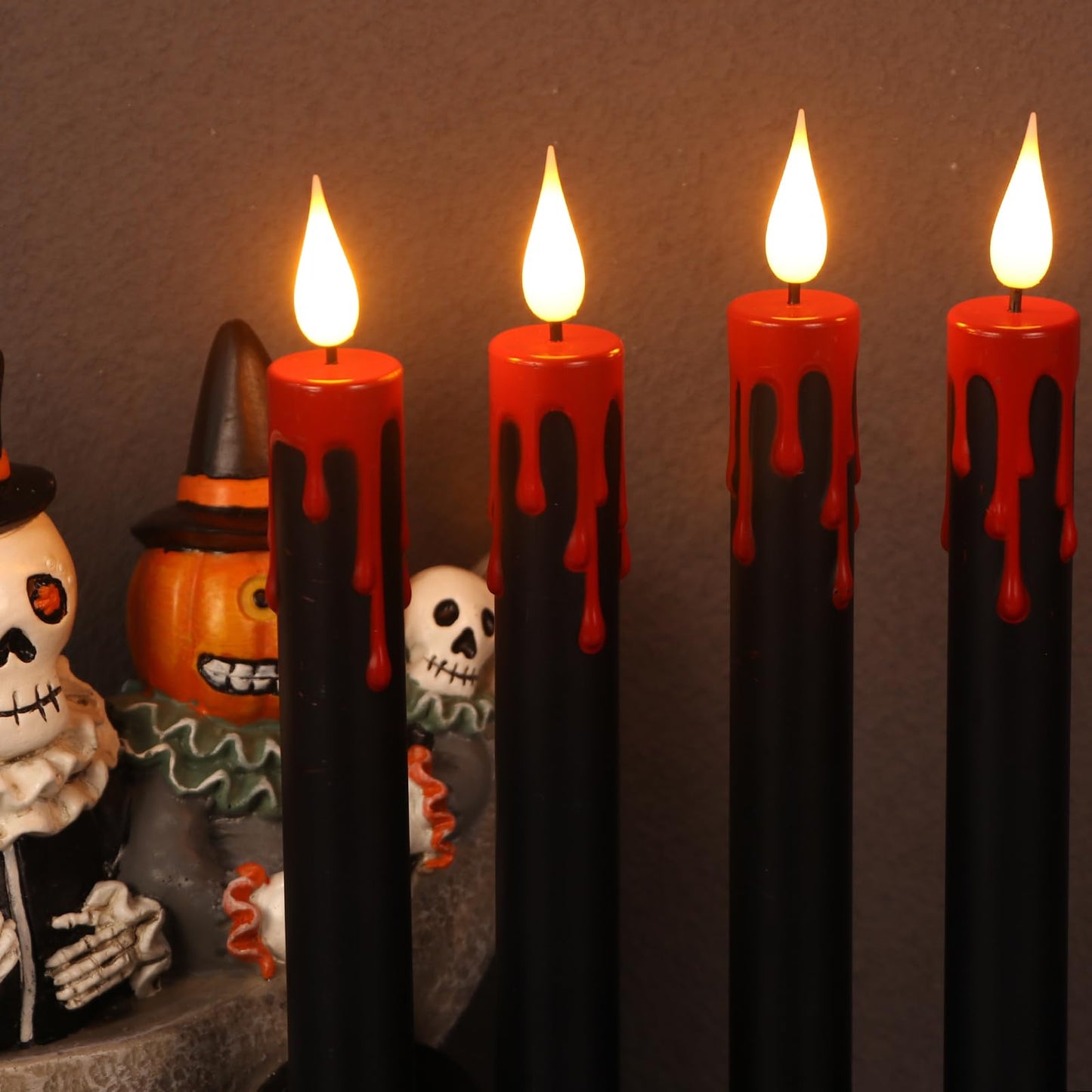 Lasumora Halloween Black Flameless Taper Candles Flickering with Remote Timer, Battery Operated Led Taper Candle, 4 Pcs Drip Wax Candlesticks for Halloween Decor Horror Party Table Window Decoration