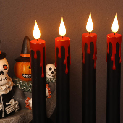 Lasumora Halloween Black Flameless Taper Candles Flickering with Remote Timer, Battery Operated Led Taper Candle, 4 Pcs Drip Wax Candlesticks for Halloween Decor Horror Party Table Window Decoration