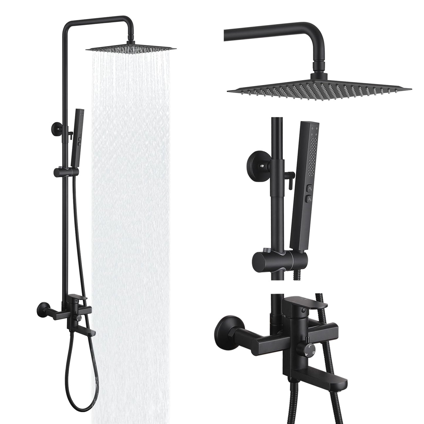 HANJAI Exposed Shower System 10" Matte Black Rainfall Shower Head with 2 Modes Handheld and Tub Faucet Set, Square Shower Head 3 Functions Outdoor Shower Fixtures with Brass Valve, Height Adjustable