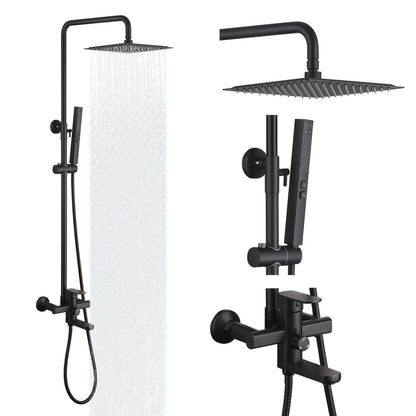 HANJAI Exposed Shower System 10" Matte Black Rainfall Shower Head with 2 Modes Handheld and Tub Faucet Set, Square Shower Head 3 Functions Outdoor Shower Fixtures with Brass Valve, Height Adjustable