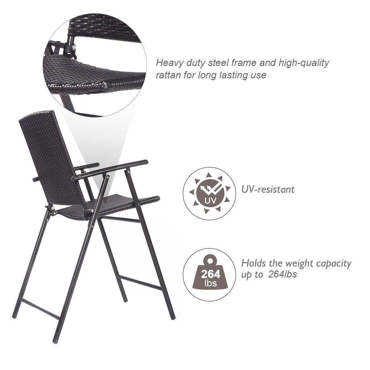 Giantex Set of 4 Folding Wicker Rattan Bar Chairs High Stool with Back Steel Frame Portable Outdoor Indoor UV Resistant Barstools Garden Patio Furniture Set w/Armrests Footrest