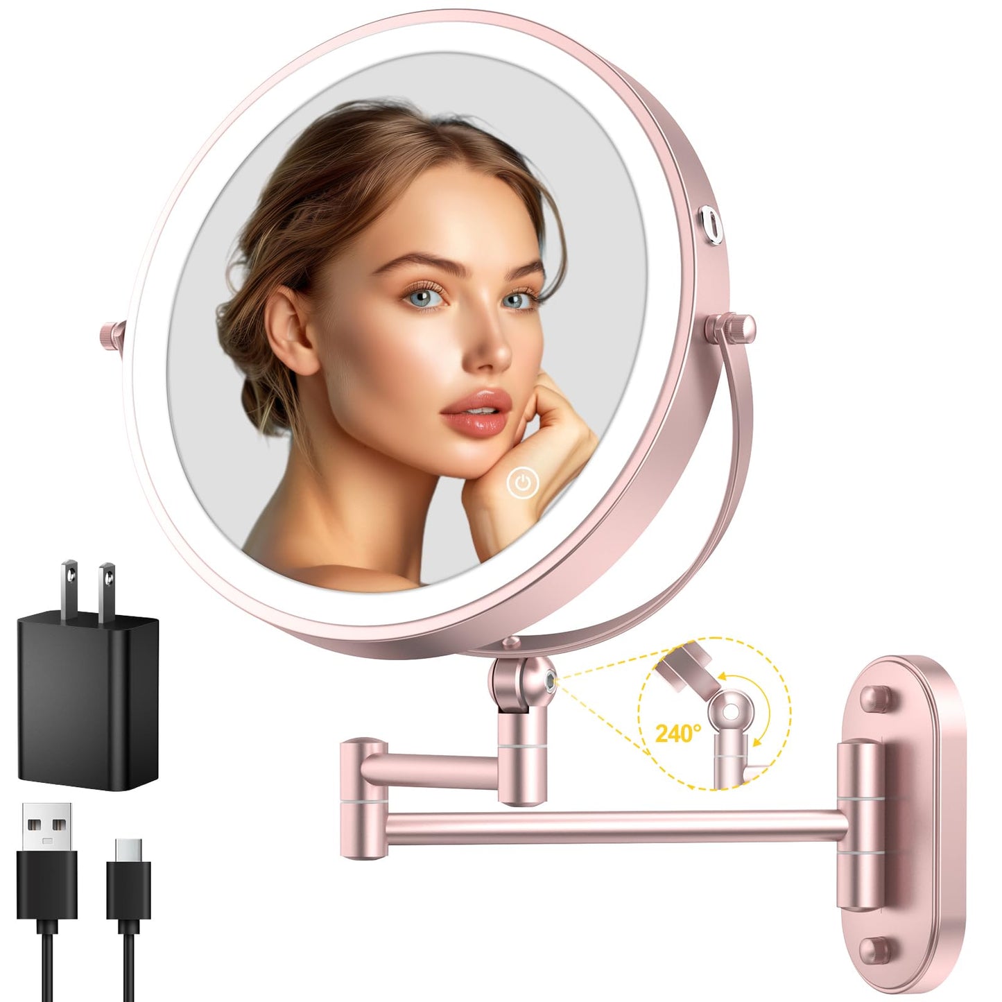 9" Wall Mounted Lighted Makeup Mirror,4000mAh Rechargeable Double Sided 1X/10X Magnifying Mirror with Light,3 Color Lights,Touch Dimmable,Extended Arm 360 Rotation Wall Mounted Makeup Mirror
