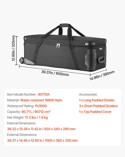 VEVOR Studio Equipment Trolley Case, 39.37 x 14.96 x 12.60 in / 100 x 38 x 32 cm, Rolling Camera Bag, Carrying Bag with Wheels Straps Padded Compartment Handle, for Light Stands, Tripods, Telescopes
