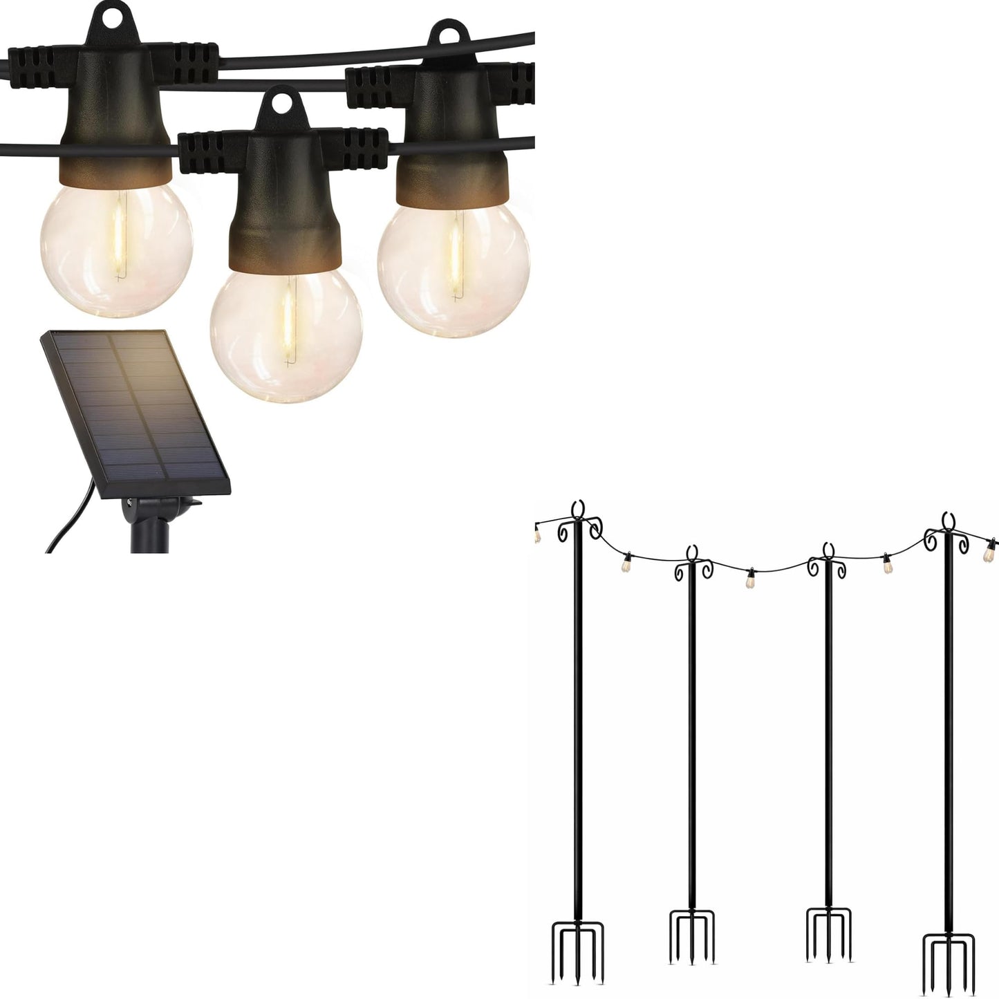 Brightech Bundle Ambience Pro Solar Powered Outdoor String Lights - 27 Ft + 4-Pack 10FT String Light Poles