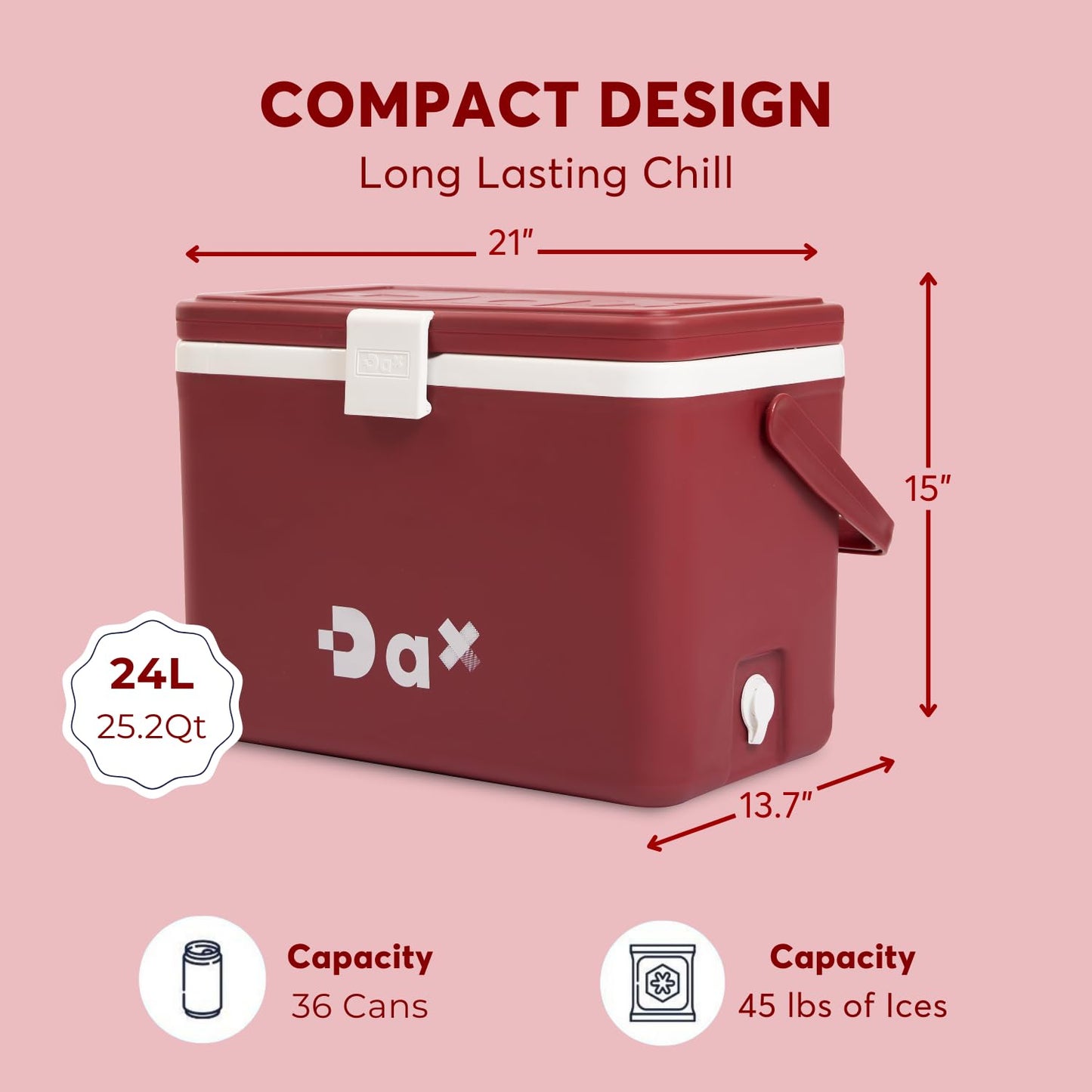 DA 12/26 Quart Small Portable Hard Cooler Ice Chest with Carry Handle, Keep Cool Up to 72 Hours, Lightweight Insulated Cooler for Lunch, Picnics, Camping, Travel (26QT Burgundy)