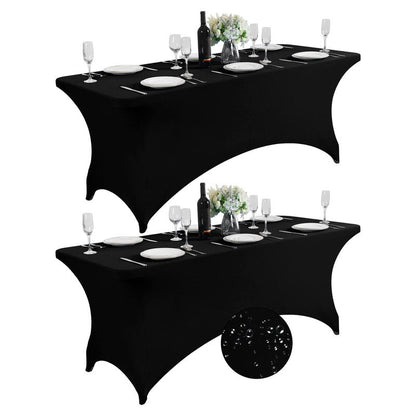 SuperO 2Pack Waterproof Spandex Table Cover for 6FT Table Universal Fitted Stretch Tablecloth for Party, Banquet, Wedding and Events-Black