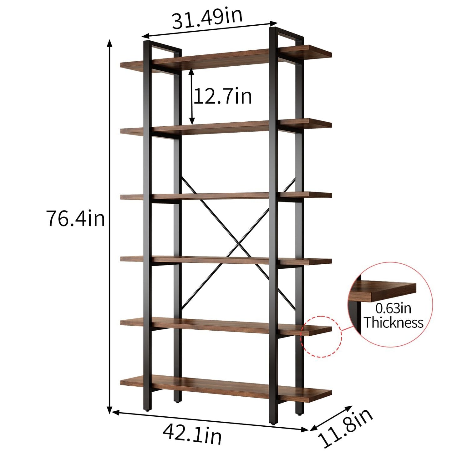 LZ-DONGMAN Bookshelf, Industrial Style Bookcase, Book Rack, Storage Rack Shelves in Living Room/Home/Office, Books Holder Organizer for Books/Movies (6-Tiers)