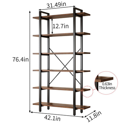 LZ-DONGMAN Bookshelf, Industrial Style Bookcase, Book Rack, Storage Rack Shelves in Living Room/Home/Office, Books Holder Organizer for Books/Movies (6-Tiers)