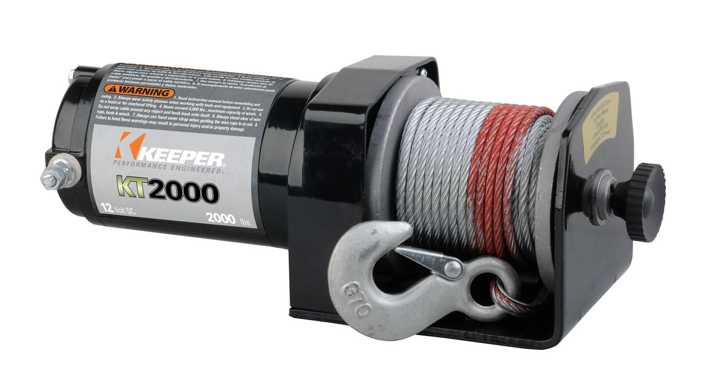KEEPER KT2000 12V Electric Winch, 2,000 lb. Capacity, Wire Rope with Hook, Free-Spool Clutch, ATV & Trailer Mounting, Handheld Control