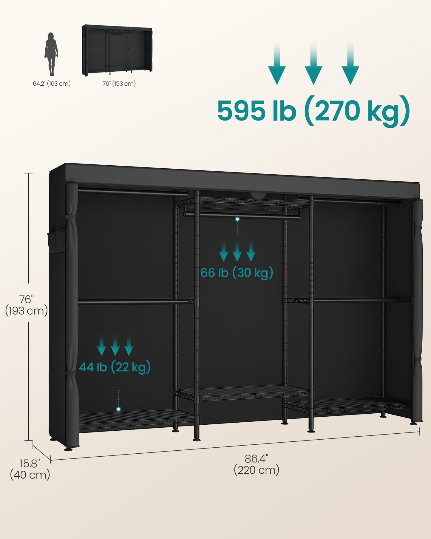 SONGMICS Heavy-Duty Rolling Clothes Rack, Garment Rack, Portable Closet, with Adjustable Mesh Shelves and Hanging Rails, Fabric Cover, 15.8 x 86.4 x 76 Inches, Ink Black ULGR437BH01