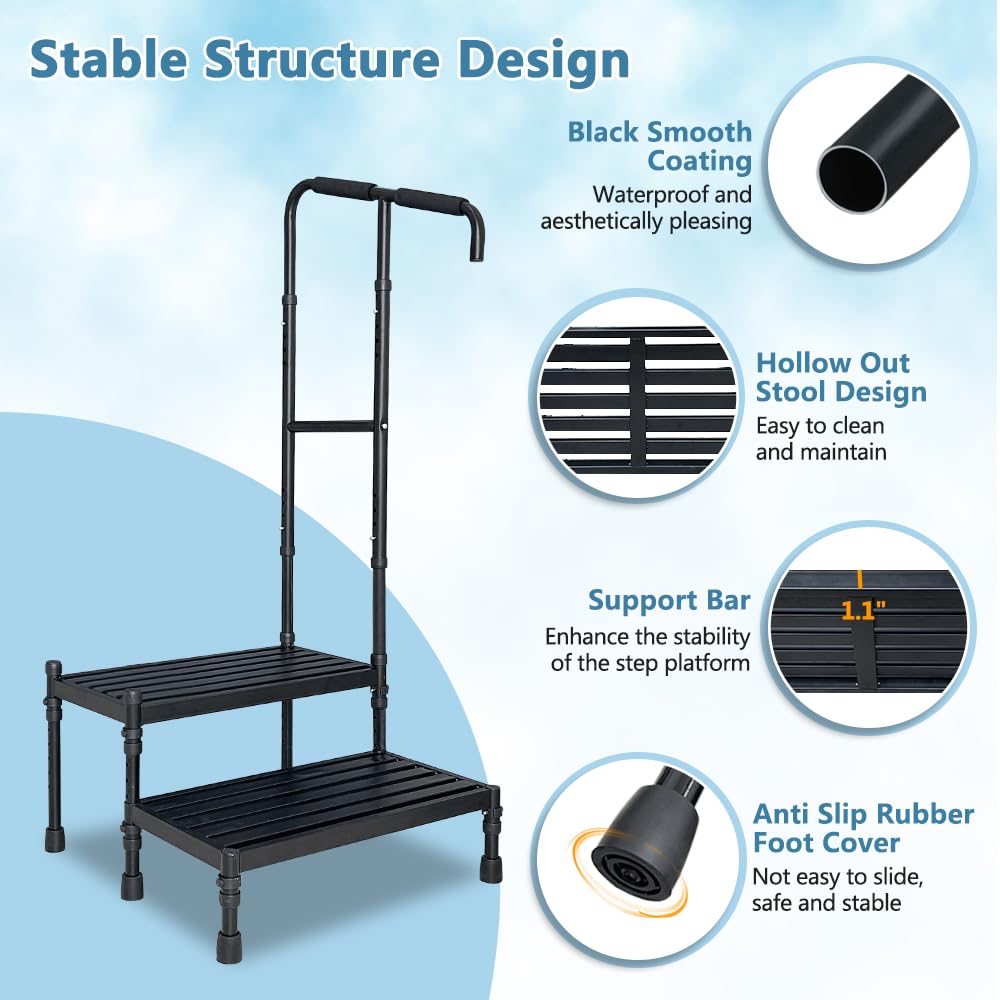 RV Steps with handrails 2 Steps Mobile Home Stairs Steps Outdoor Hot tub Steps with Two handrails Height Adjustable Step Stool Portable Stairs for 5th Wheel RV, Motor Home, Travel Trailer, Camper