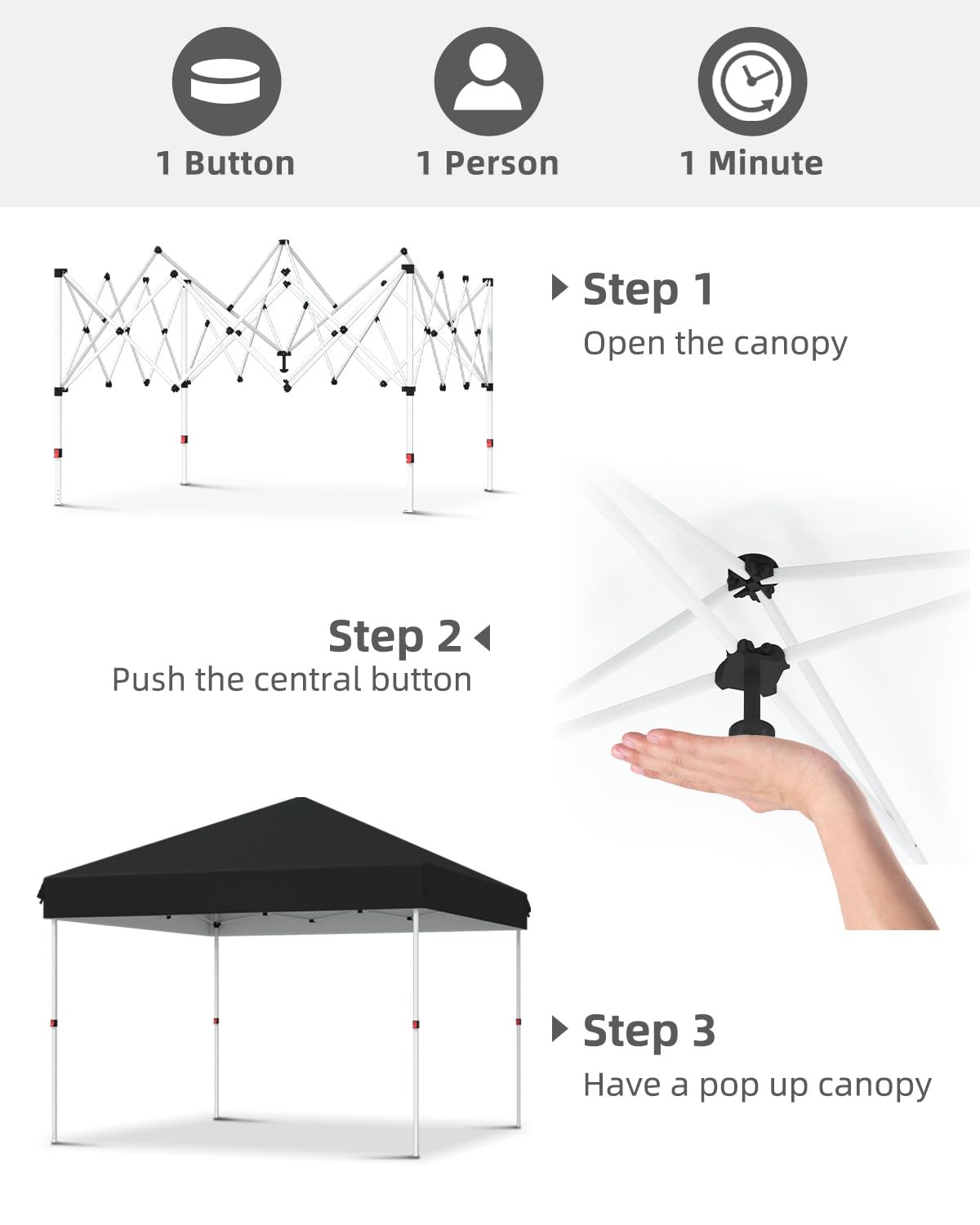GarveeLife 10x10 Pop Up Canopy with One Button Push Setup - Heavy Duty Outdoor Canopy Tent with Portable Roller Bag - 3 Adjustable Height, 4 Weight Bags, 8 Stakes & 4 Guy Ropes Included, Black