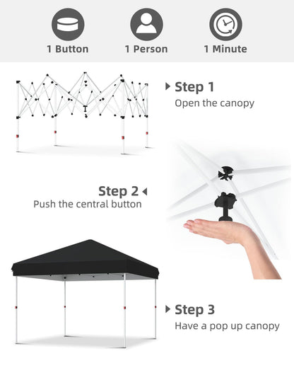 GarveeLife 10x10 Pop Up Canopy with One Button Push Setup - Heavy Duty Outdoor Canopy Tent with Portable Roller Bag - 3 Adjustable Height, 4 Weight Bags, 8 Stakes & 4 Guy Ropes Included, Black