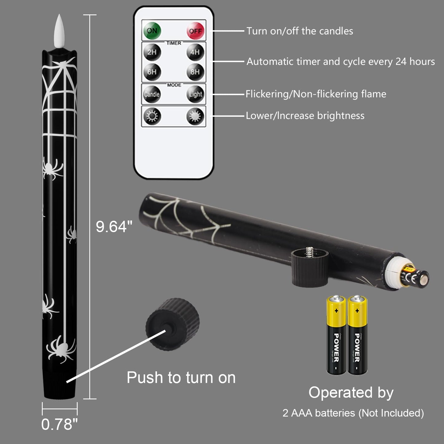 Wondise Black Halloween Flameless Taper Candles with Remote & Timer, Halloween Battery Operated Spider Candles Waxy with 3D Wick Flickering for Halloween Decorations