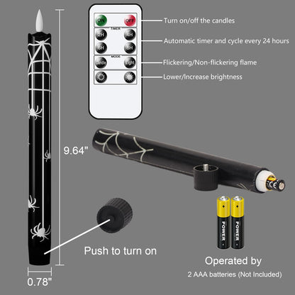 Wondise Black Halloween Flameless Taper Candles with Remote & Timer, Halloween Battery Operated Spider Candles Waxy with 3D Wick Flickering for Halloween Decorations