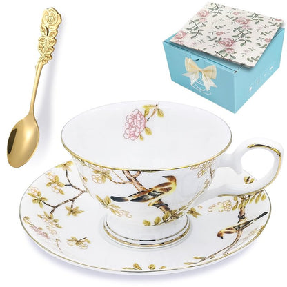 Keofoskv Tea Cups and Saucers, 7.5 OZ Floral Bone China Coffee Cup Set with Spoon, Vintage Garden Teacups with Gold Trim, Tea Cups in a Reusable Handmade Gift Box with Ribbon (Bourbon Rose 2)