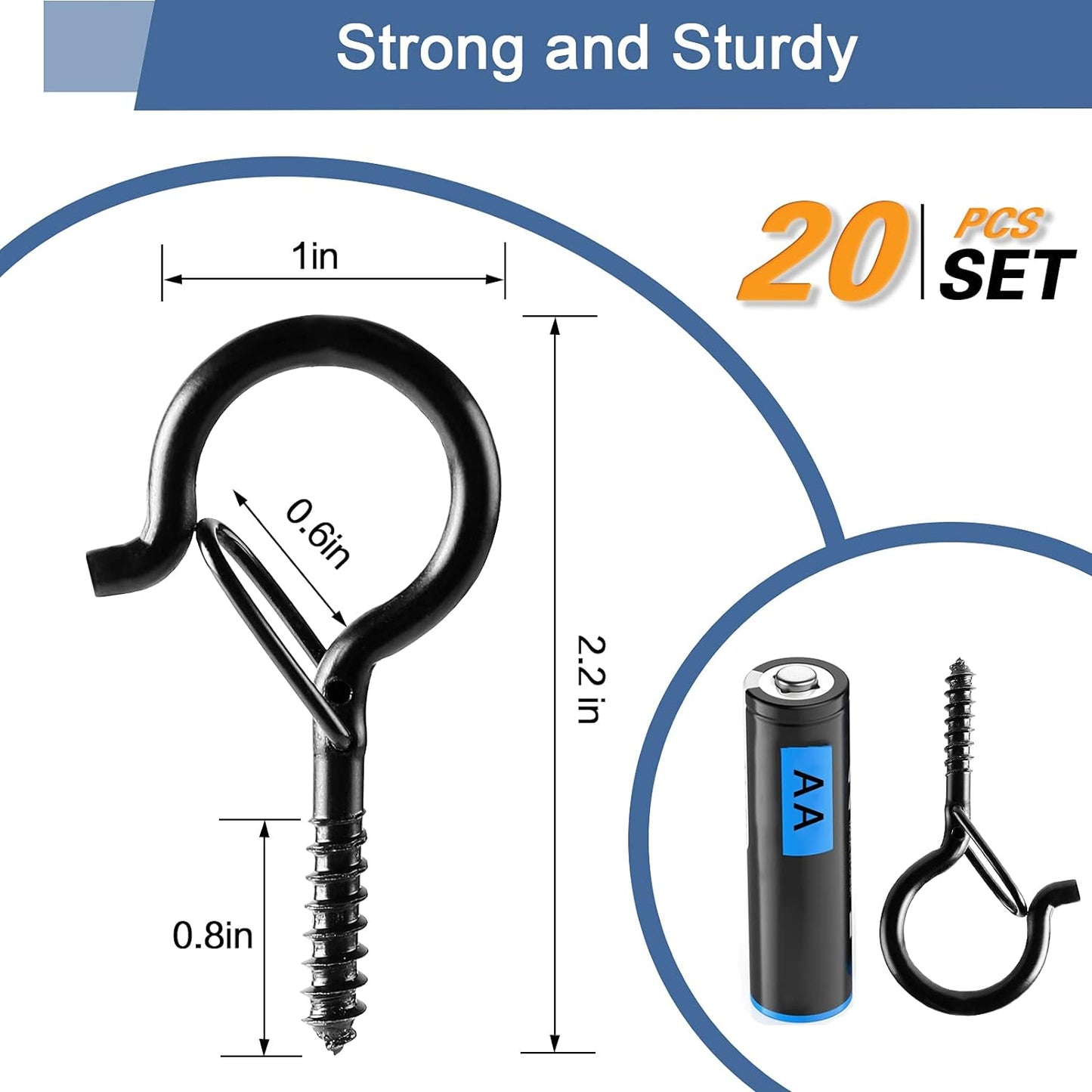 ADIIL Q Hanger Hooks - 20 PCS Windproof Screw Hooks for Outdoor String Lights & Plants | 2.2 Inches, Black