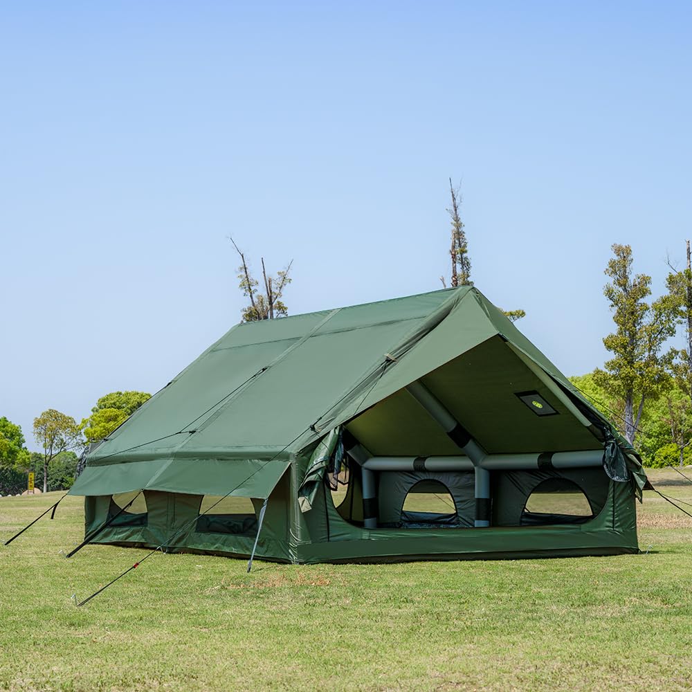WaldZimmer Inflatable Camping Tent 12sq Green with Hand Pump Easy Setup Waterproof Windproof Outdoor Blow up Tent 6-8 Person Oxford 4 Season Glamping Air Tents Cabin House with Mesh Windows & Door