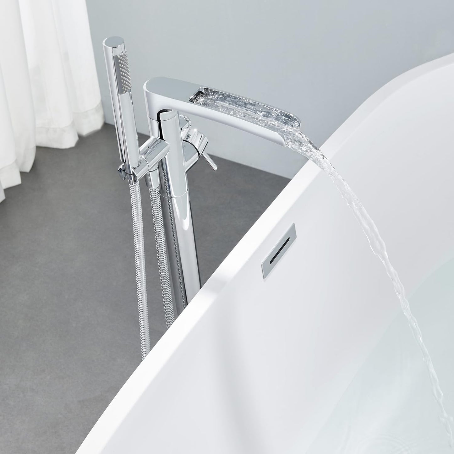 Wowkk Waterfall Freestanding Bathtub Faucet Chrome Floor Mount Tub Filler Brass Single Handle Bathroom Faucets with Hand Shower