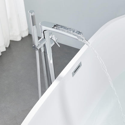 Wowkk Waterfall Freestanding Bathtub Faucet Chrome Floor Mount Tub Filler Brass Single Handle Bathroom Faucets with Hand Shower