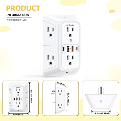 Wall Outlet Extender with Night Light, Power Plug Adapter 6 Outlet Extender with 4 USB Charging Ports 1050J Power Strip Multi Plug Adapter Spaced for Home Travel Office (2U2C)
