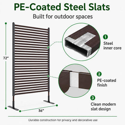Metal Outdoor Privacy Screen Freestanding, 3 ft W x 6 ft H Rustproof Steel Pipes and Slats Panels, Decoative Privacy Screen Fence Panels Freestanding for Outside Patio Garden Backyard, Brown
