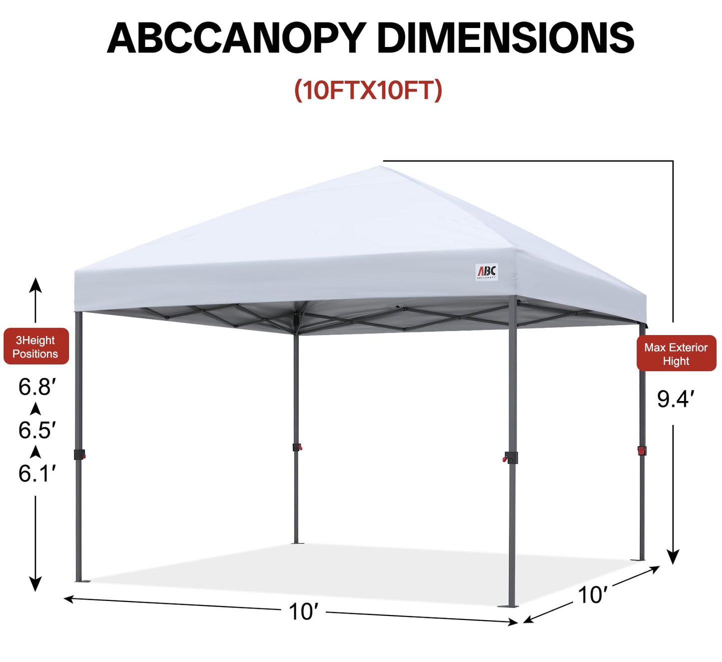 ABCCANOPY 10x10 Pop Up Canopy Tent, Easy Setup Instant Shelter with Wheeled Bag, Heavy Duty Outdoor Canopy for Beach, Market, Backyard, UV Protection, Outdoor Weather Protection (White, 10x10)