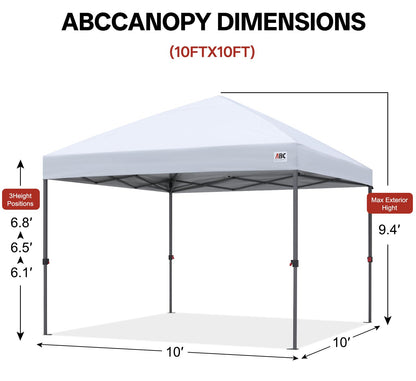 ABCCANOPY 10x10 Pop Up Canopy Tent, Easy Setup Instant Shelter with Wheeled Bag, Heavy Duty Outdoor Canopy for Beach, Market, Backyard, UV Protection, Outdoor Weather Protection (White, 10x10)