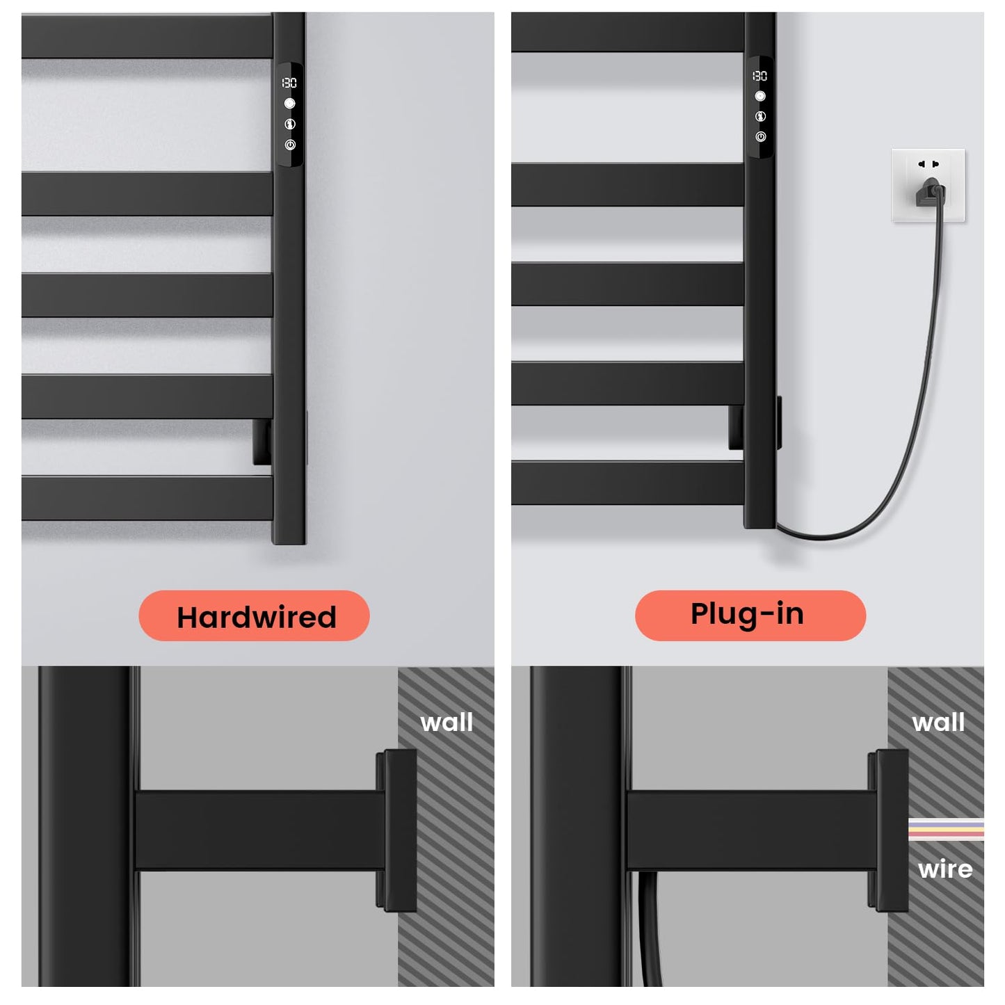 Towel Warmer,Stainless Steel Towel Warmer Rack for Bathroom -10 Bars Wall Mounted Towel Heater with Intelligent Touch Screen Timer, Hard Wired/Plug-in, Black