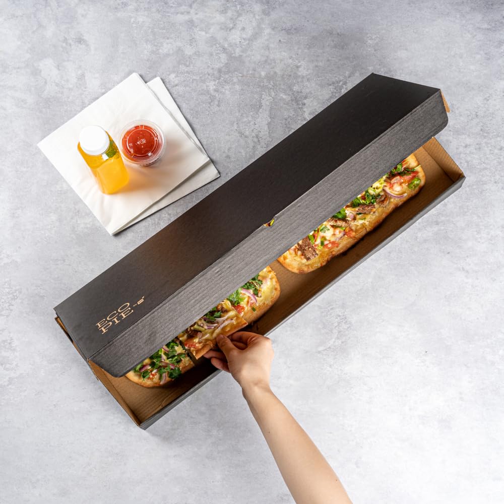 Restaurantware Eco Pie 24 x 12 x 2 Inch Flatbread Takeaway Boxes 50 Sturdy Corrugated Pizza Boxes - E-Flute Design Tab-lock System Black and Kraft Paper Pizza Boxes Disposable For Flatbreads