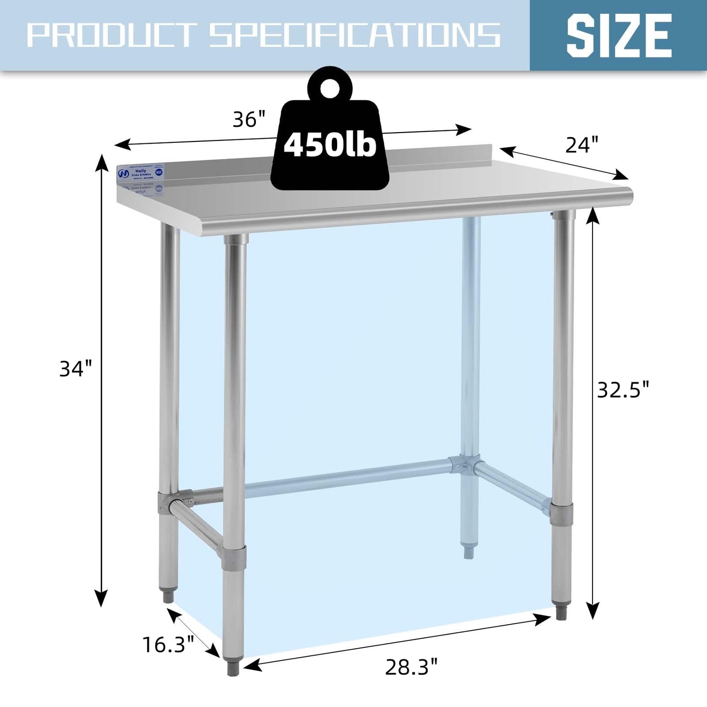 Hally Open Base Stainless Steel Table 24 x 36 Inches, NSF Commercial Heavy Duty Prep & Work Table with Backplash and Galvanized Legs for Restaurant, Home and Hotel