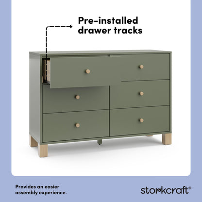 Storkcraft California 6-Drawer Double Dresser (Olive with Driftwood) - GREENGUARD Gold Certified, Interlocking Drawer System, Dresser Drawer Organizer for Kids Bedroom
