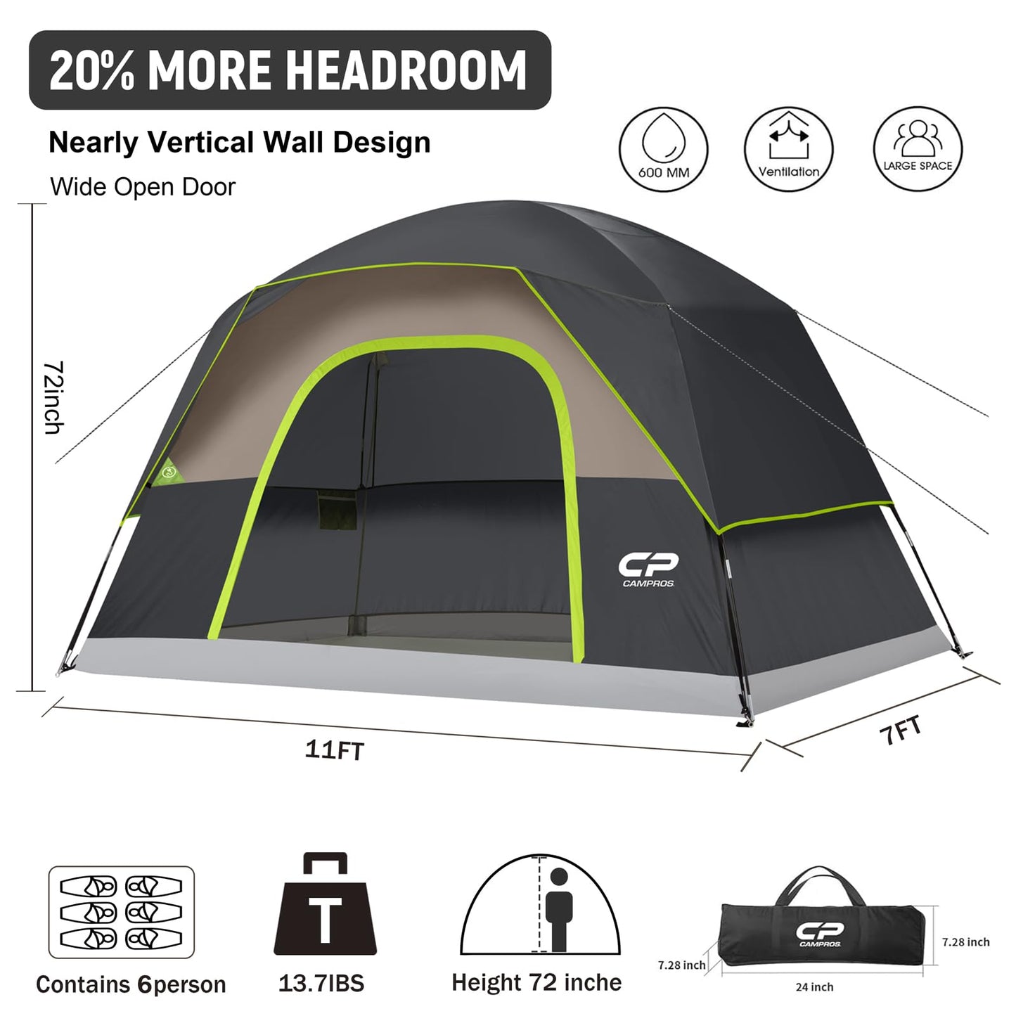 CAMPROS CP Tent 6 Person, Waterproof Windproof Double Layer Family Dome Tent, Easy Setup with Large Mesh Windows & Wide Door for Camping