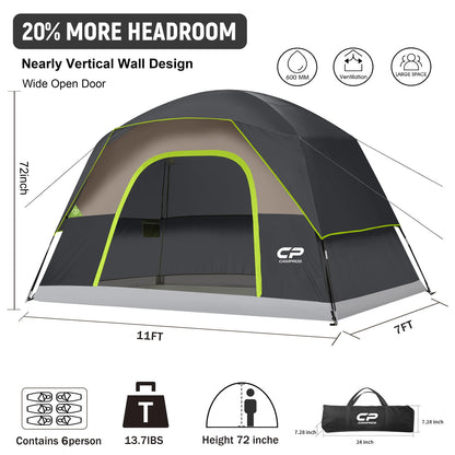 CAMPROS CP Tent 6 Person, Waterproof Windproof Double Layer Family Dome Tent, Easy Setup with Large Mesh Windows & Wide Door for Camping