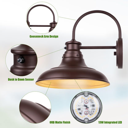 Yolsunes Oil Rubbed Bronze LED Outdoor Barn Lights, 12in Gooseneck Wall Fixture, 2 Pack, 13W 2700K