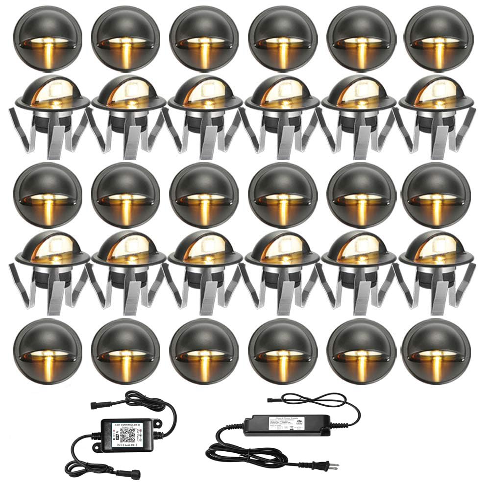 FVTLED WiFi Deck Lights, WiFi Controlled 30pcs Low Voltage LED Deck Lights Kit Φ1.38 Outdoor Recessed Step Stair Warm White LED Lighting Compatible with Alexa Google Home, Black