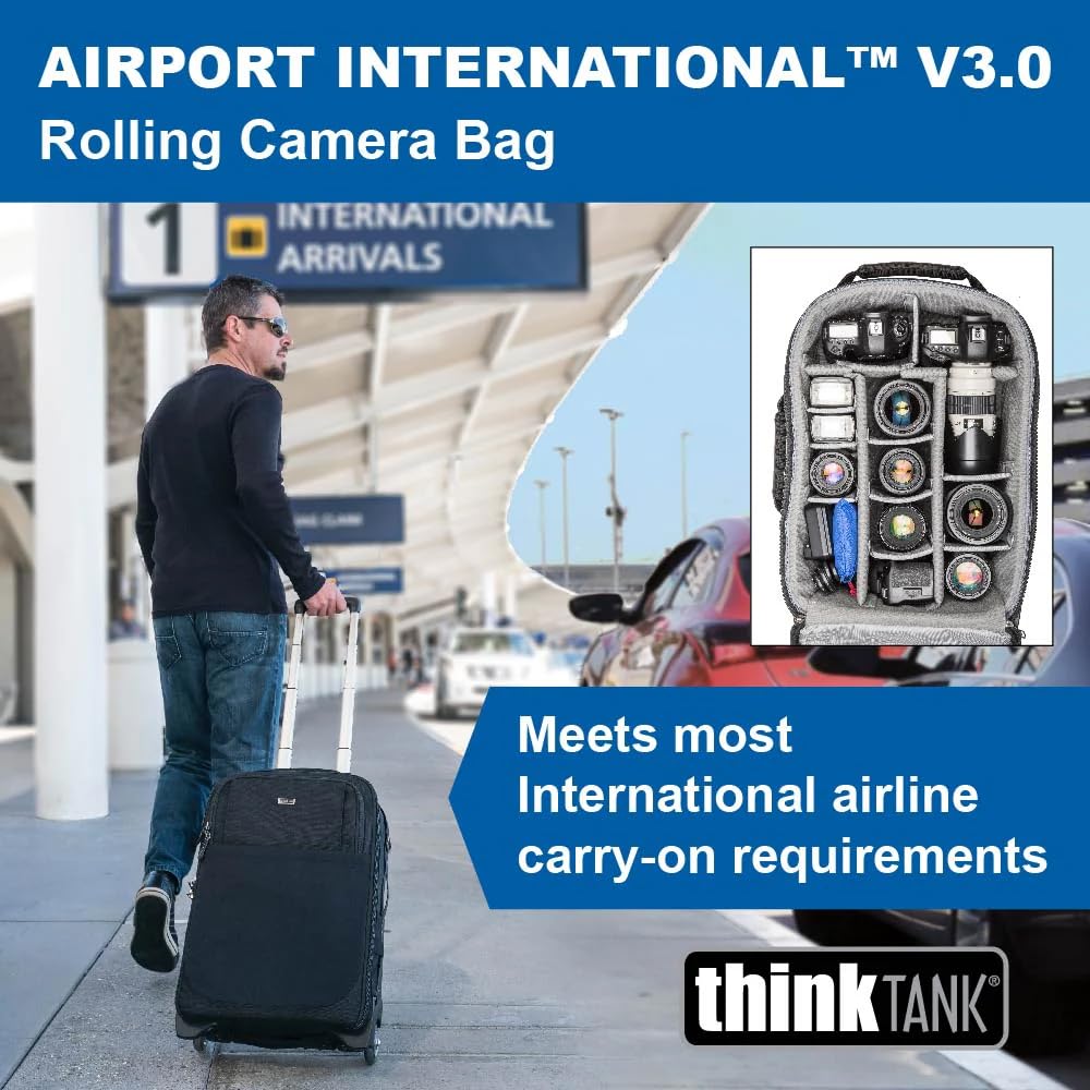 Think Tank Airport International V3.0 2 Wheel Rolling Carry-On Camera Bag, 80mm Quiet Wheels, Retractable Handle, Custom Design Interior Compartments - Black