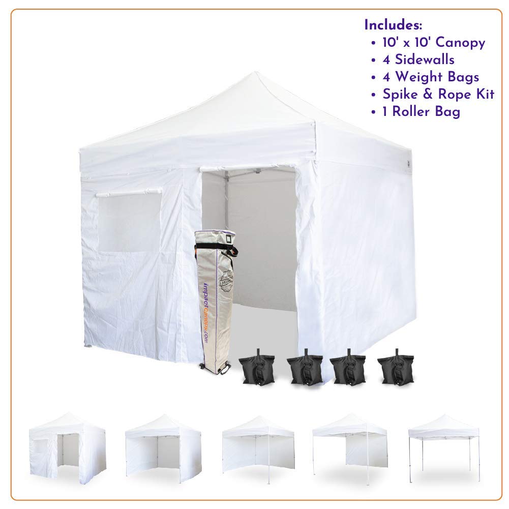 iMPACT Canopy USA 10' x 10' Canopy Kit, Includes 4 Sidewalls One with Door and Window, 4 Weight Bags, Spike & Rope, Roller Bag, White