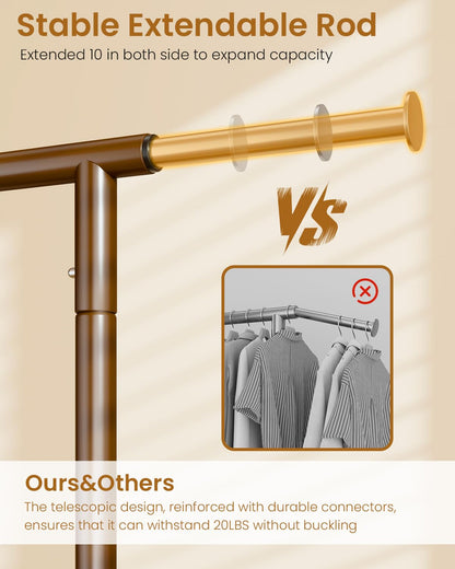 JIEJIERUI Heavy Duty Clothing Rack, Metal Clothes Rack Load 450 LBS, Rolling Coat Racks for Hanging Clothes with Lockable Wheels, Wardrobe Closet Garment Racks for Bedroom, Brown