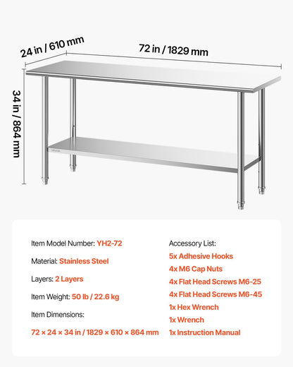 VEVOR Stainless Steel Work Table, 24x72 Inch Food Prep Table, Commercial Kitchen Workstation with Adjustable Undershelf, Metal Heavy Duty Utility Worktable, for Restaurant Home Hotel Garage Outdoor