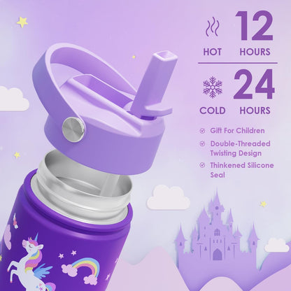 Skiennix Unicorn Kids Water Bottle - 12oz Insulated Stainless Steel Tumbler with Straw Lid | Perfect Gift for Girls