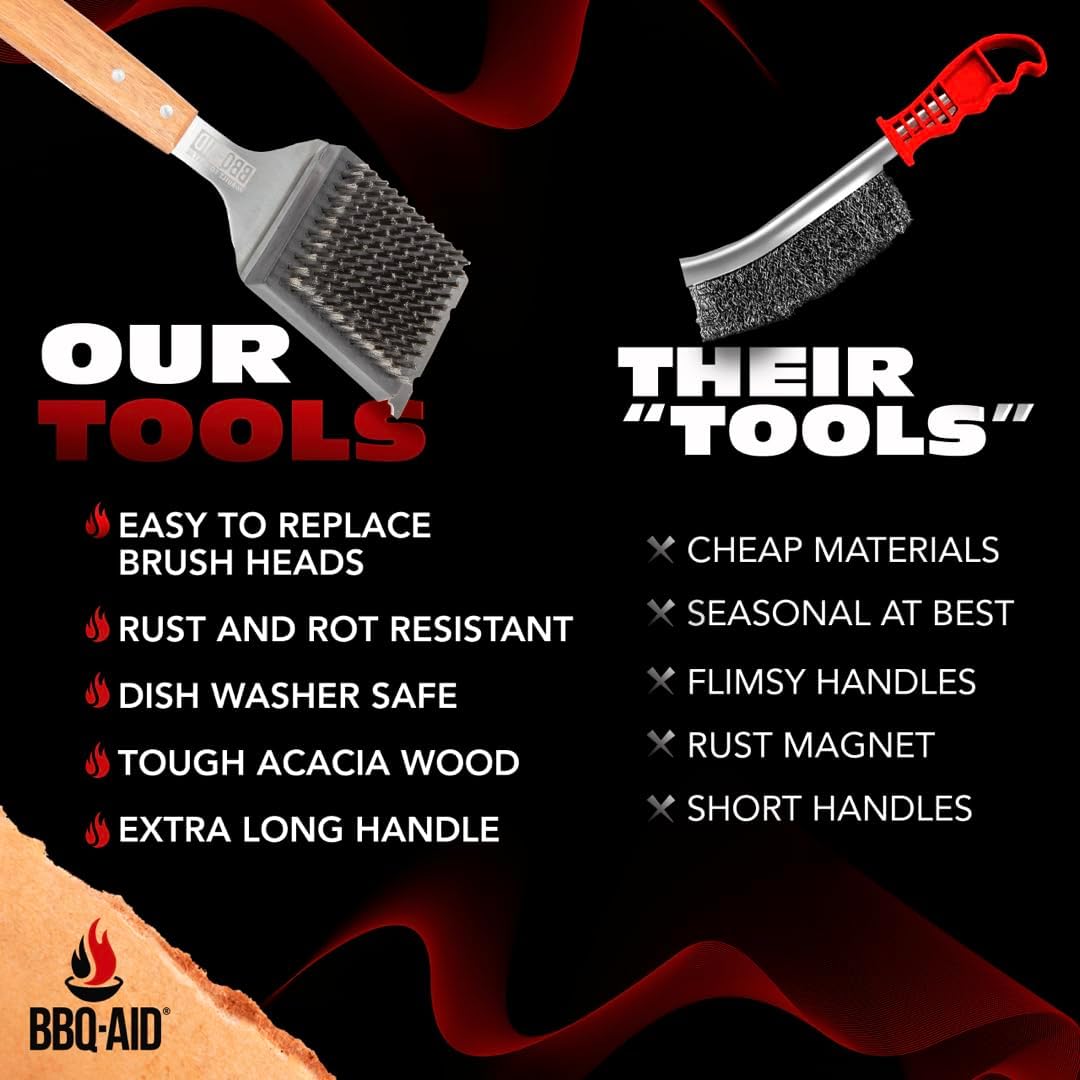 BBQ-Aid Grill Brush - Heavy-Duty Scraper with Extended Wooden Handle & Replaceable Stainless Steel Bristles