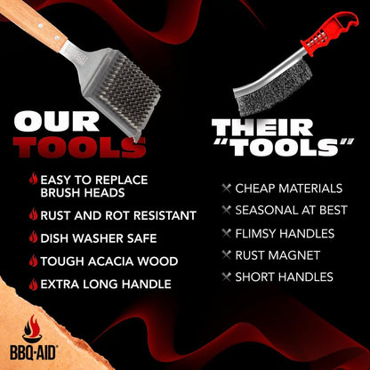 BBQ-Aid Grill Brush - Heavy-Duty Scraper with Extended Wooden Handle & Replaceable Stainless Steel Bristles