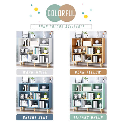 IOTXY Wooden Open Shelf Bookcase - 3-Tier Floor Standing Display Cabinet Rack with Legs, 8 Cubes Bookshelf, Pear Yellow