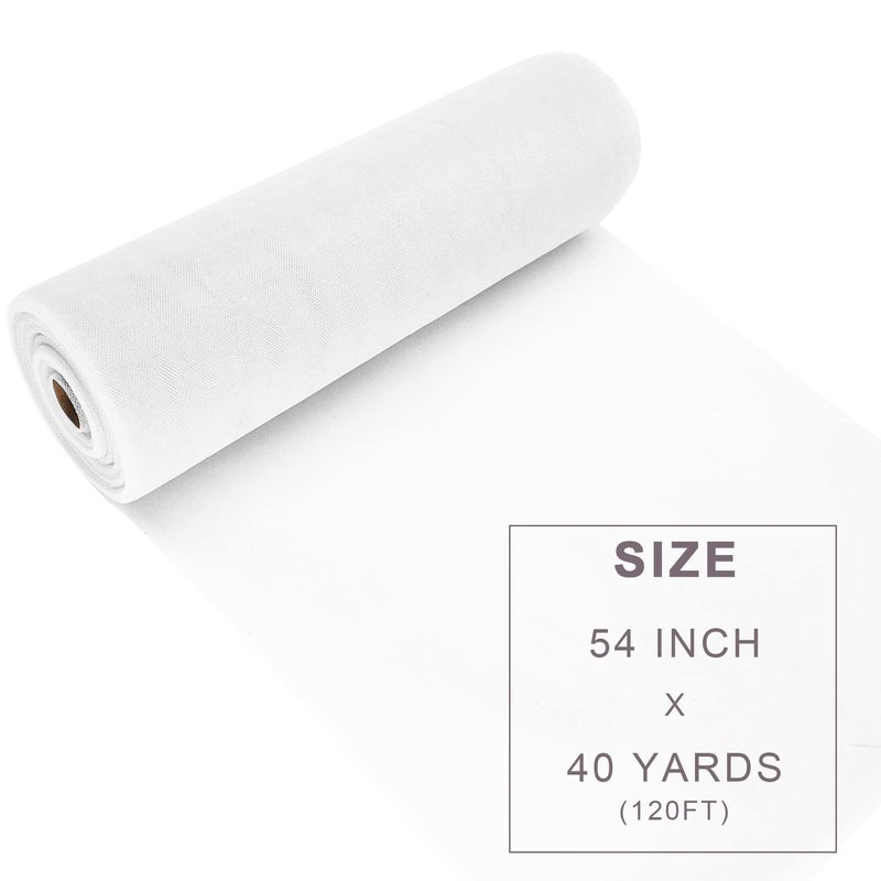 White Tulle Fabric Roll Spool Bolt (54 Inch by 40 Yards) Large Tulle Wedding Party Decoration, Tutu Skirt, Table Runner, Gift Wrapping, Bridal Shower, Soft & Drape (White)