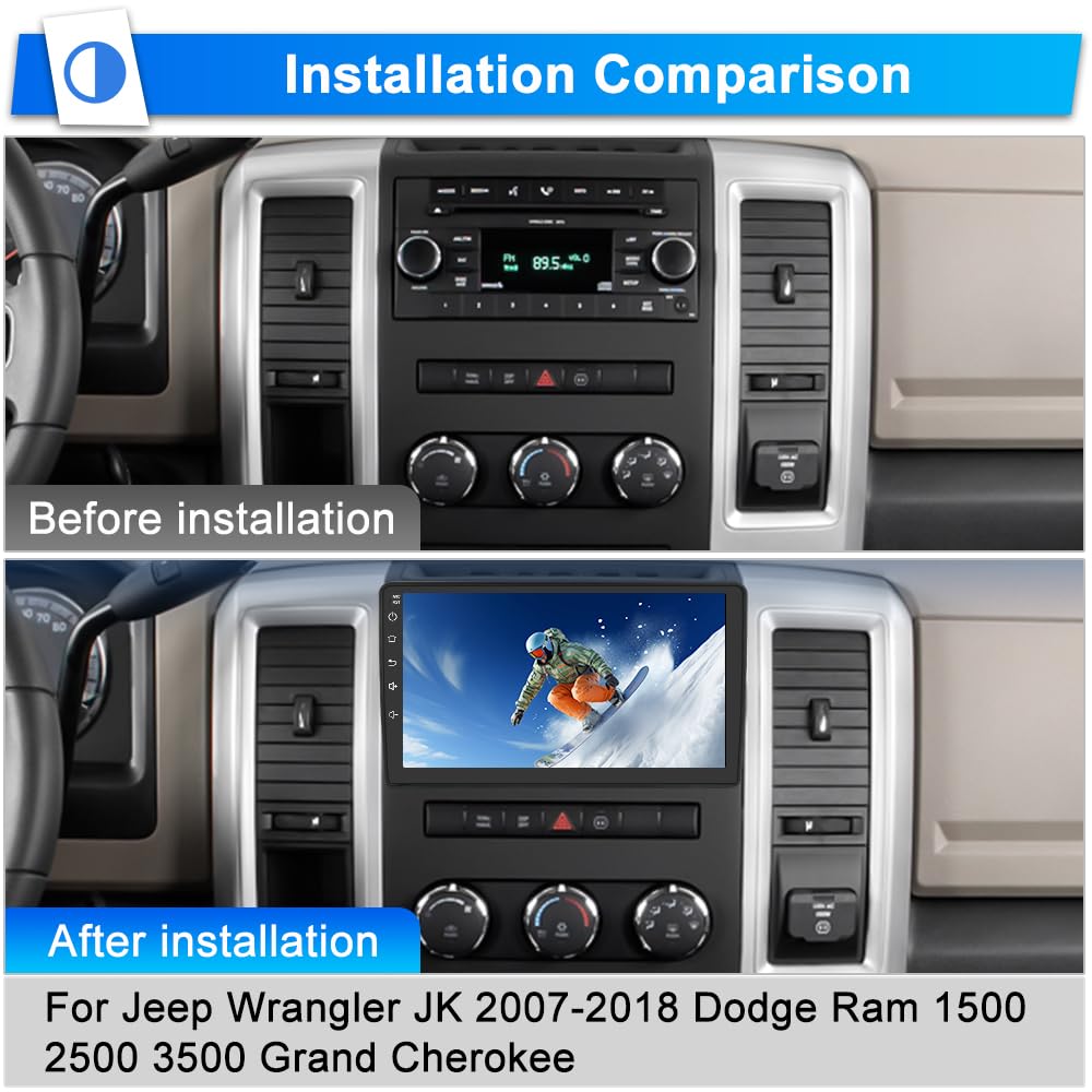 Car Stereo Radio for Jeep Wrangler JK 2007-2018 Dodge RAM 1500 Chrysler Compass Grand Cherokee, Android 13 2GB 64GB 10 Inch Touchscreen, Wireless CarPlay Android Auto, Backup Camera, FM AM WiFi RDS