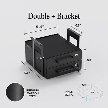 Under Desk Drawer Slide-Out – Lockable Metal Storage Drawers with Cable Management for Office & Home (Double, Bracketed)