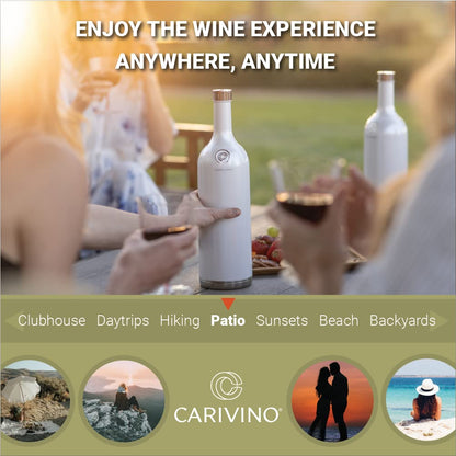Carivino 750mL Travel Wine Flask with Two Cups, Built in Aerator, Ceramic Lined Vacuum Insulated Wine Bottle Gift (Ayoka Pearl White)